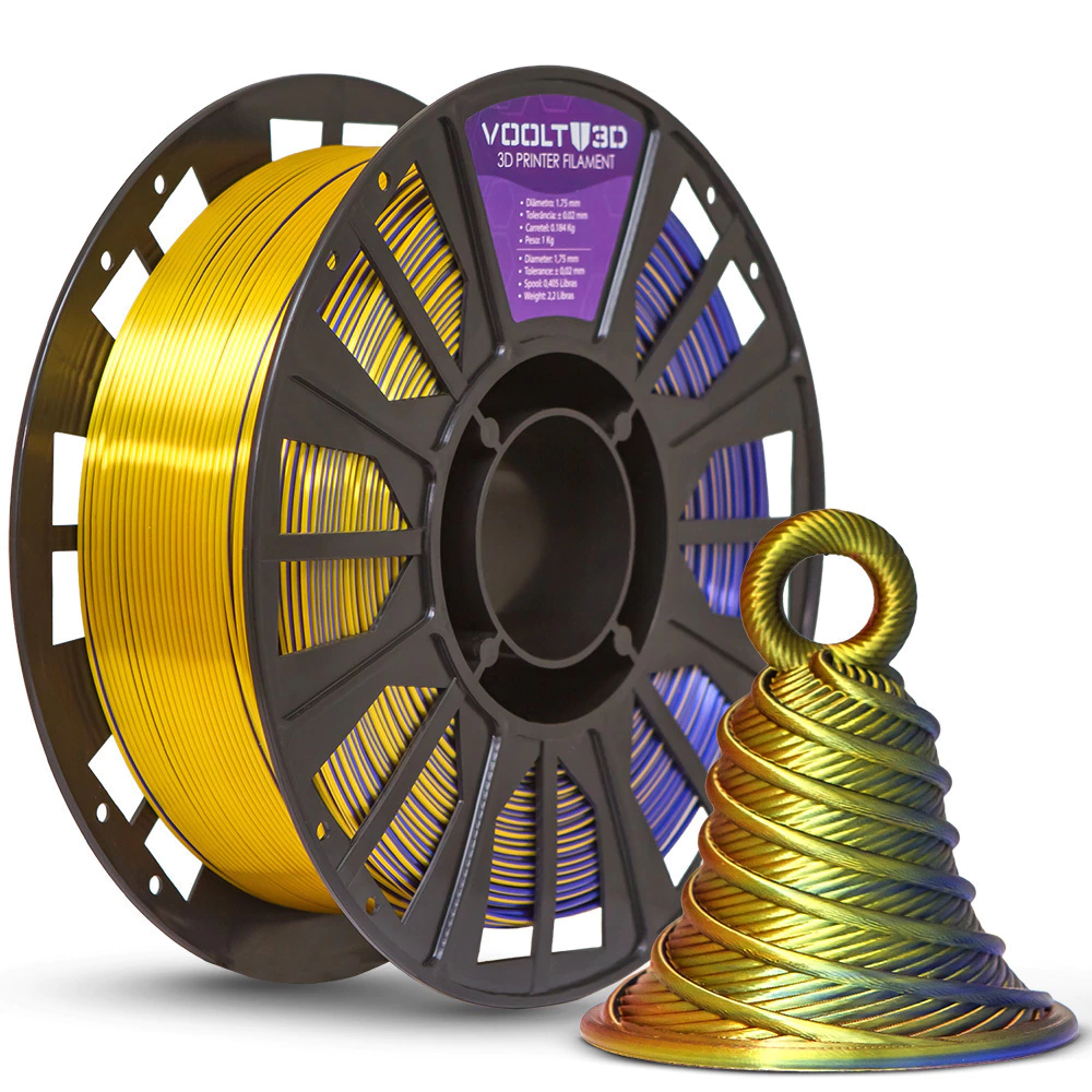 Voolt3D Rolo PLA Tri Color Ametista / Azul Safira / Dourado V-Silk 1kg para Impressora 3D