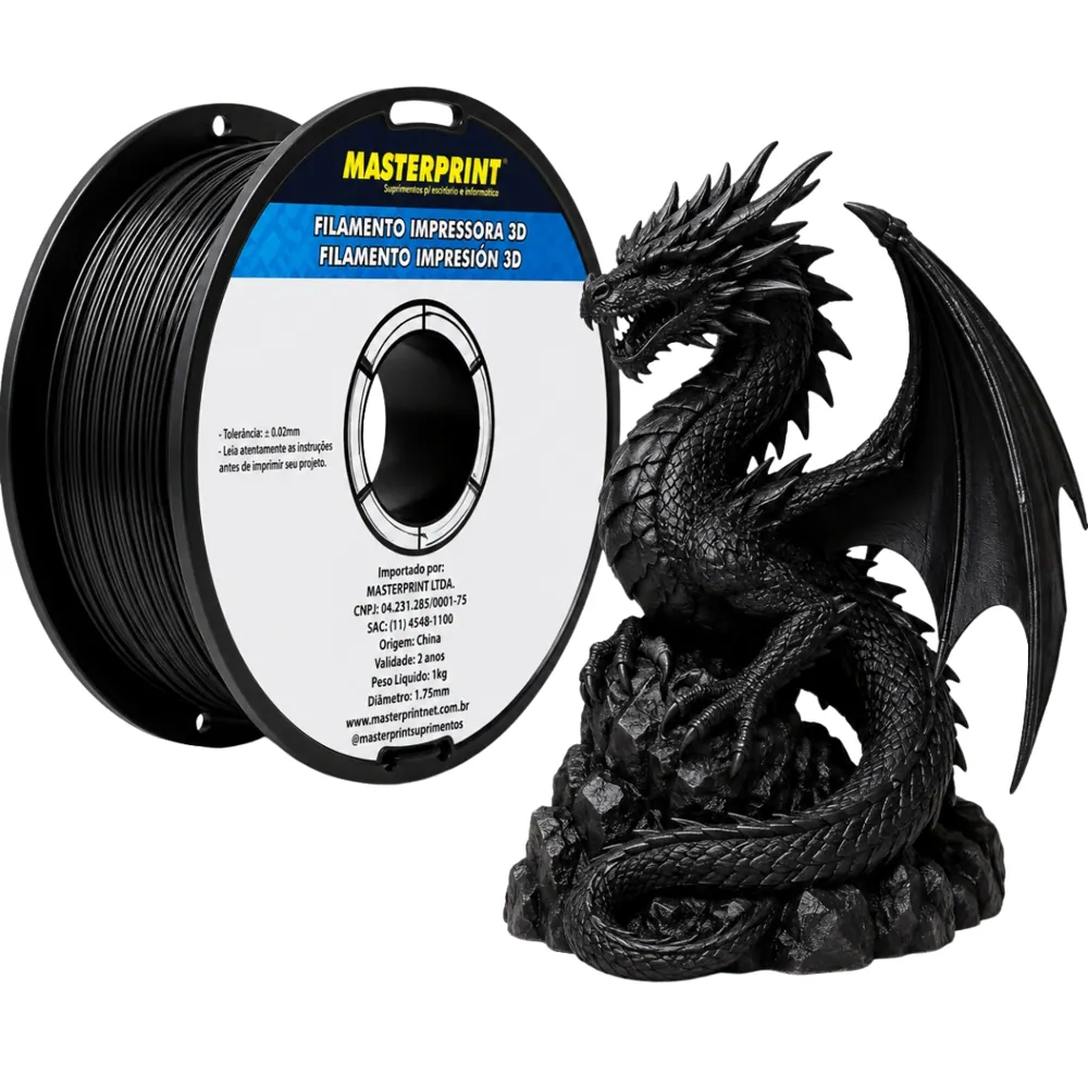 Filamento MasterPrint PLA Preto 1 kg para Impressora 3D