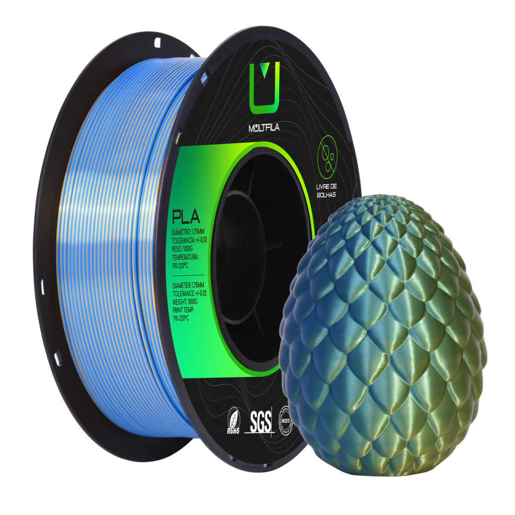 Filamento Pla Silk Duo Color Azul e Verde Metalizado 1kg Multfila 1.75mm para Impressora 3D