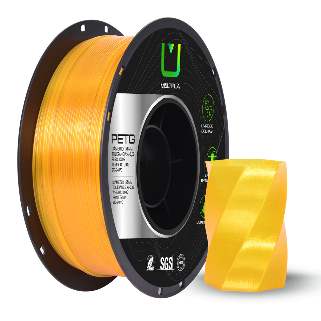 Filamento Multfila PETG Amarelo Translúcido Premium 1,75mm 1kg para Impressora 3D