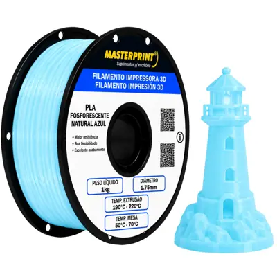 Filamento MasterPrint PLA Fosforescente Natural/Azul 1 kg para Impressora 3D — filamento para impressora 3D
