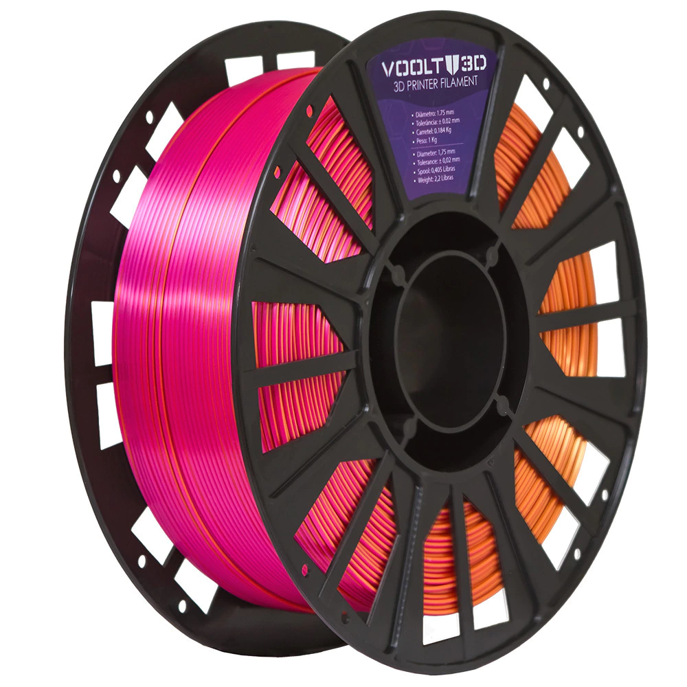 Filamento Voolt3D PLA Tri Color Dourado / Laranja / Rosa Choque V-Silk 1kg para Impressora 3D 4