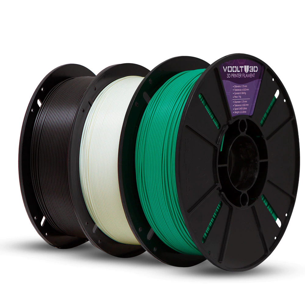 Voolt3D KIT Filamento PLA Velvet Branco + Preto + Verde para Impressora 3D