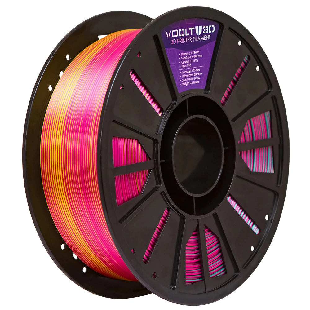 Filamento Voolt3D PLA Tri Color Dourado / Rosa Choque / Verde V-Silk High Speed Premium - 1Kg para Impressora 3D 4