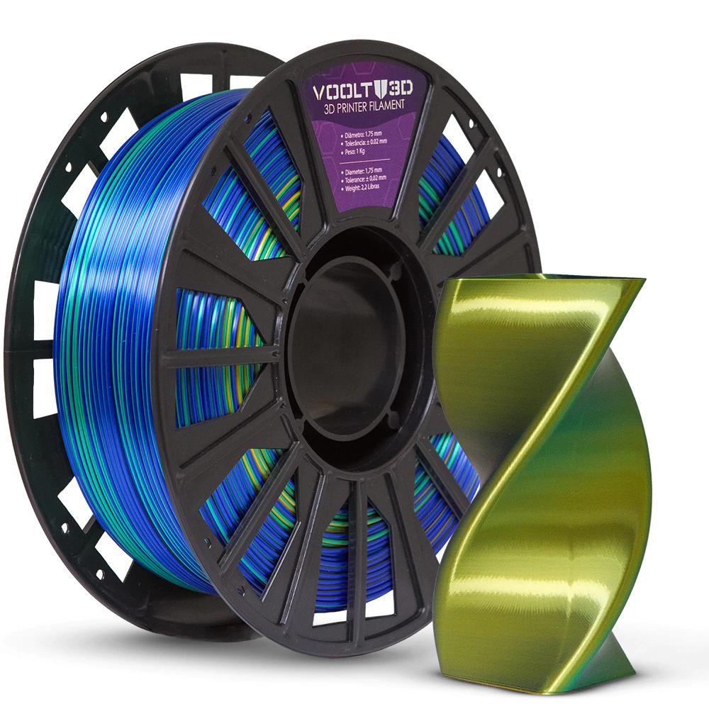 Voolt3D Rolo PLA Tri Azul Safira / Dourado / Verde V-Silk 1kg para Impressora 3D
